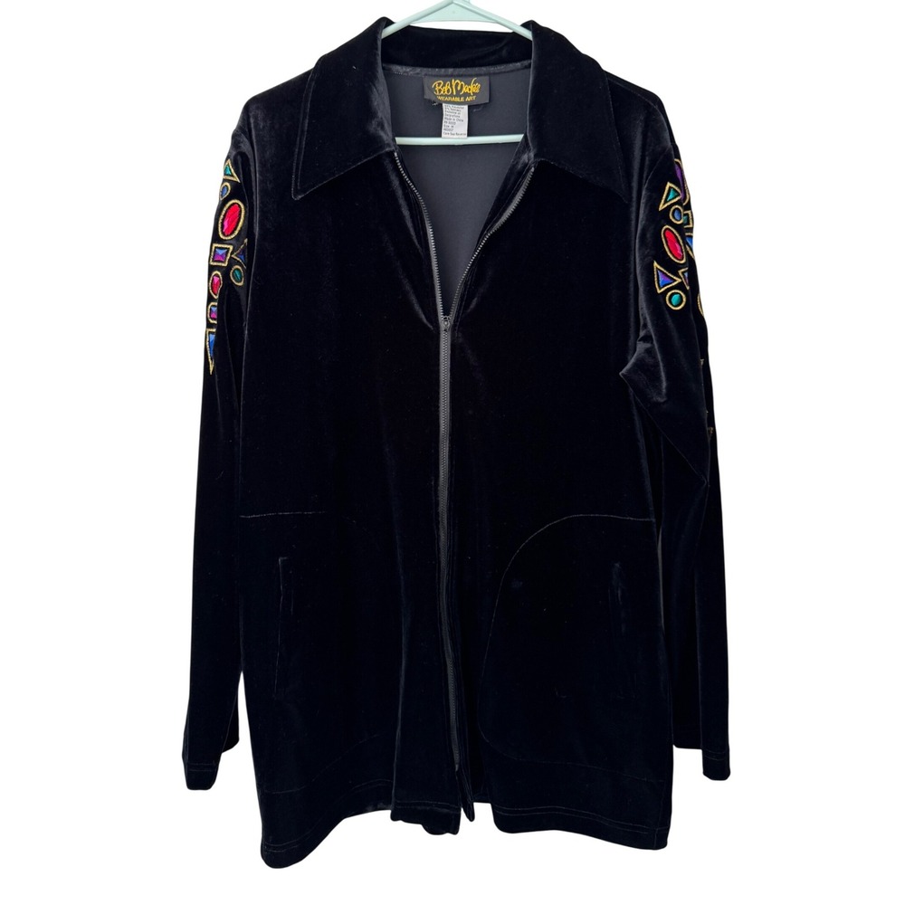 Bob Mackie Black Velvet Geometric Embroidered Zip‎ Up Jacket Women Size M